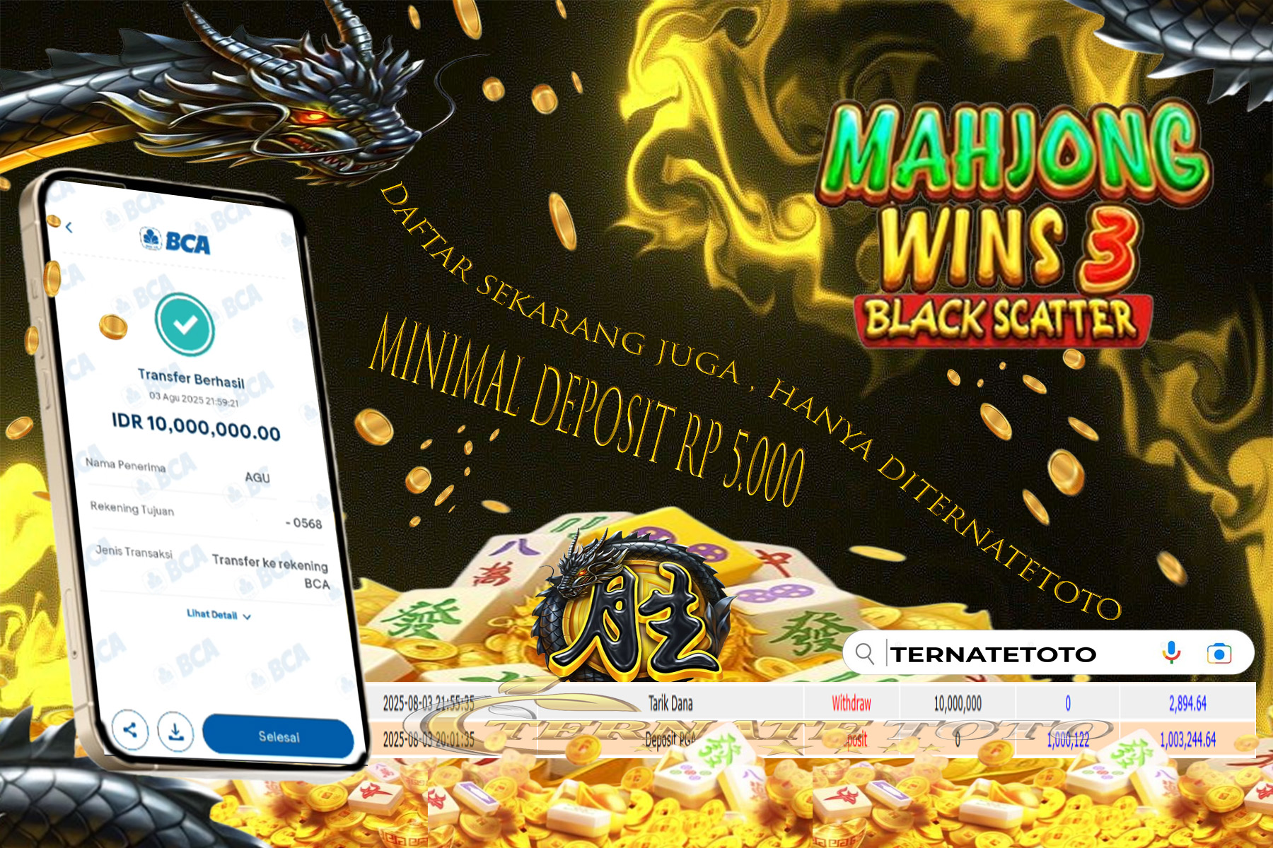 TERNATETOTO - MENANG MAHJONG WINS 3 - BLACK SCATTER Rp.10,000,000,-
