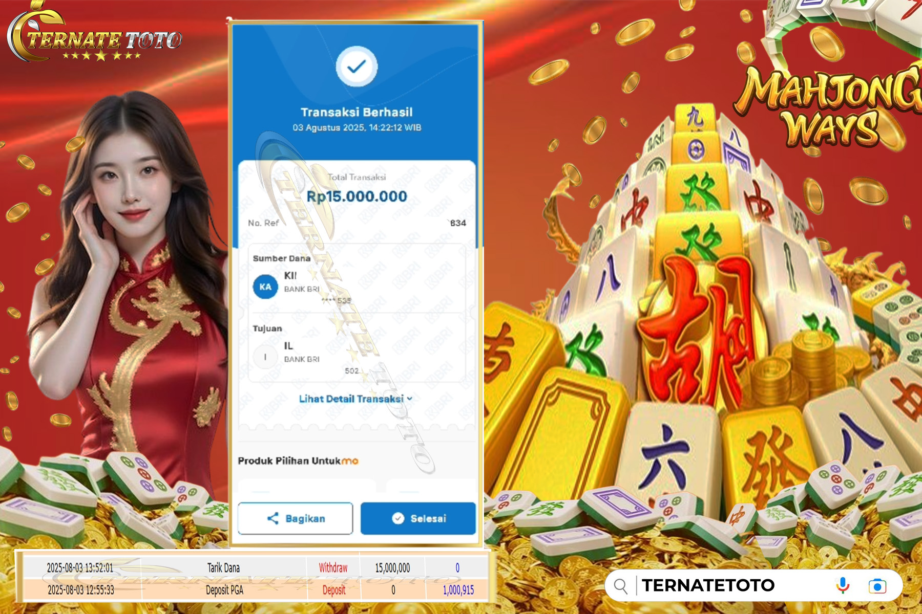 TERNATETOTO - MENANG MAHYONG WAYS - Rp.15,000,000,-