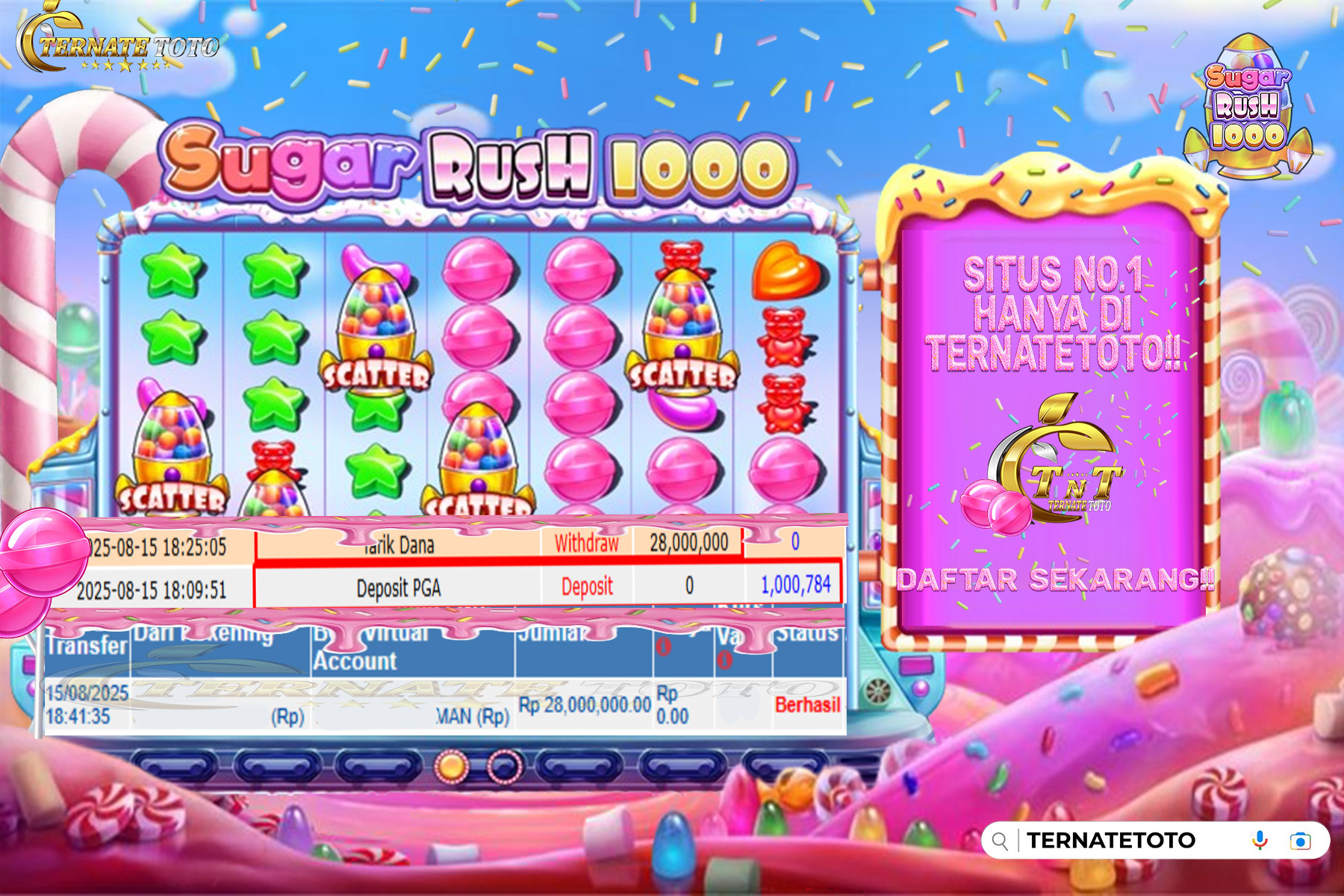 TERNATETOTO - MENANG SUGAR RUSH 1000 - Rp.28,000,000