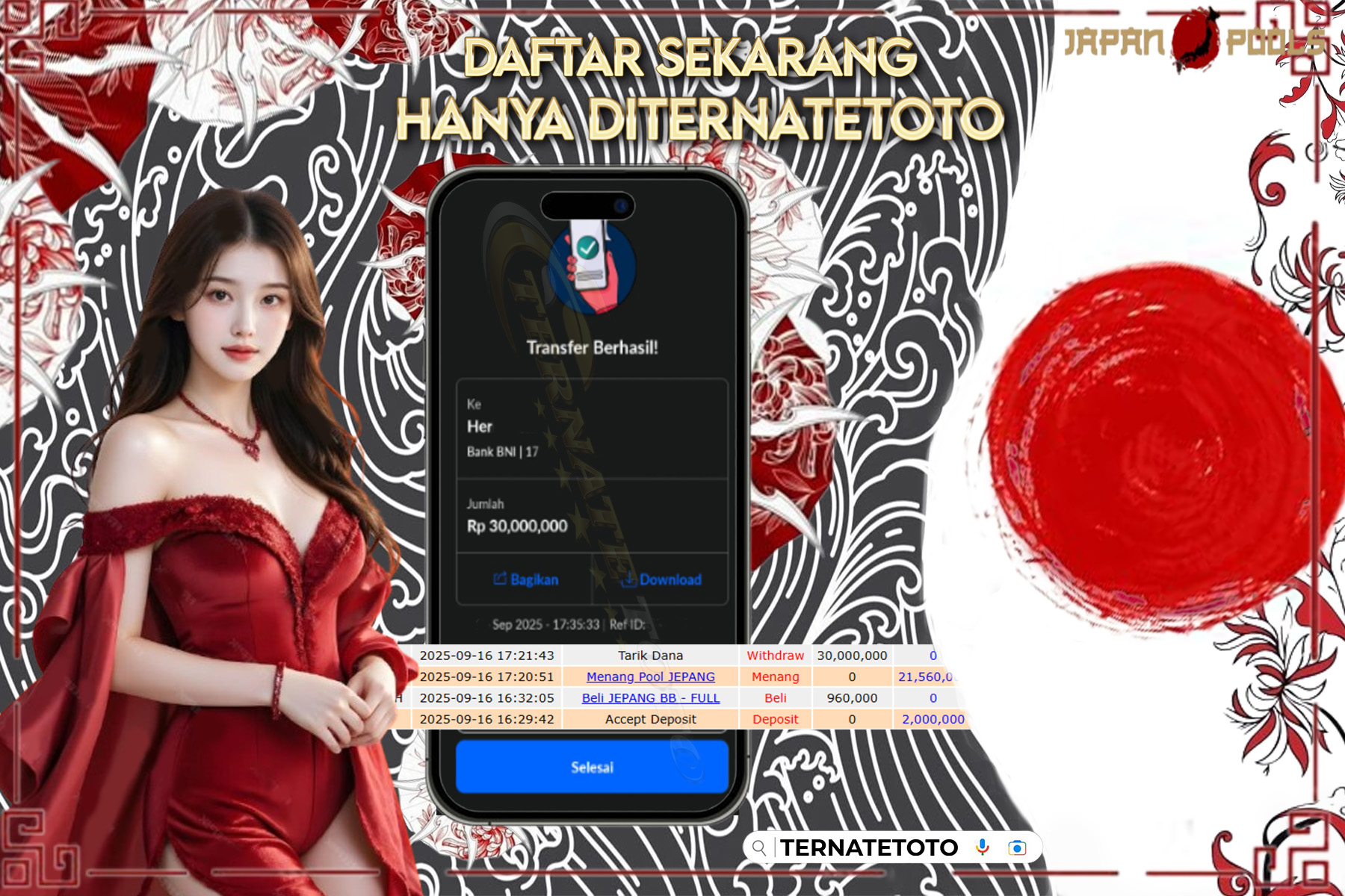 TERNATETOTO - MENANG  POOL JEPANG Rp.30,000,000,-